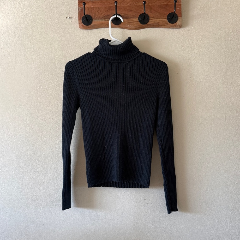 Vintage Y2K The Limited Black Metallic Glitter Ribbed Turtleneck Sweater size XS